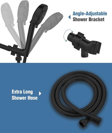 Душова лійка BOWGER з фільтром, 6 режимів, високий тиск, Power Wash, фільтр для жорсткої води, знімна ручна, довгий шланг, золотиста, матово-чорна