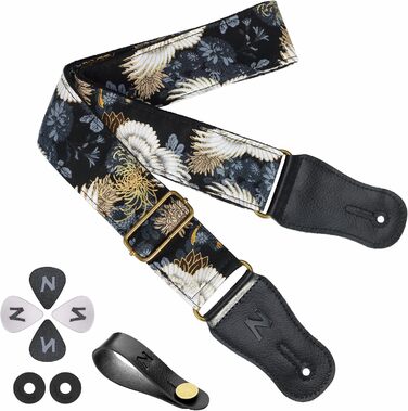 Японський гітарний ремінь Nefelibata з бавовни для акустичної гітари, укулеле, адаптер для голівки грифа в подарунок, медіатор та замок для ремінця. Регулювання від 38' до 64'. Дизайн: Хризантеми