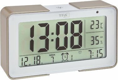 TFA Dostmann Melody Funk Alarm Clock, 60.2540.53, with various alarm tones (melodies, animal sounds, alarms), 14 x 4 x 8 cm, white/champagne color, plastic