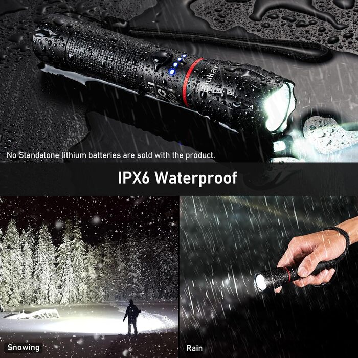 LED ліхтарик Blukar: надпотужний, з зумом, 5 режимів, водонепроникний IPX6, для кемпінгу, риболовлі та активного відпочинку