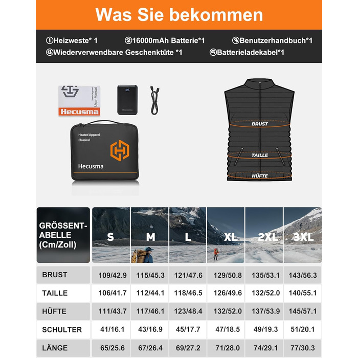 Електрична грійна жилетка для чоловіків з Powerbank 16000mAh 7.4V, 9 зон нагріву, для катання на лижах, активного відпочинку, велосипедної їзди, XXL, чорний