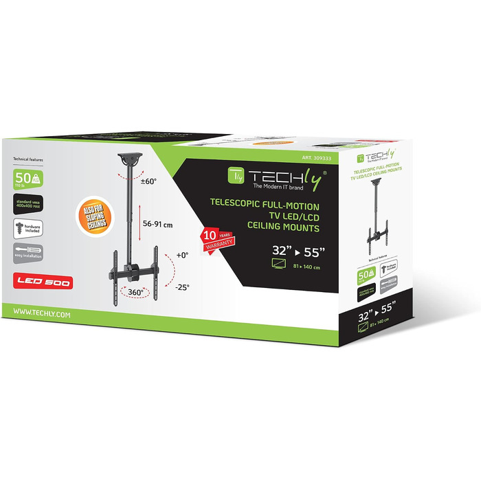 Телескопічний універсальний стельовий кронштейн Techly ICA-CPLB-944S для LED/LCD телевізорів 32