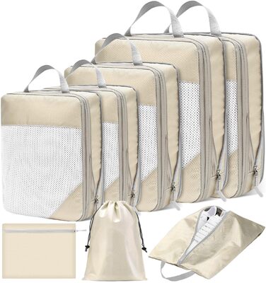 Набір органайзерів для валізи POWZOO (8 шт.) - компресійні кубики для одягу та взуття, бежевий
