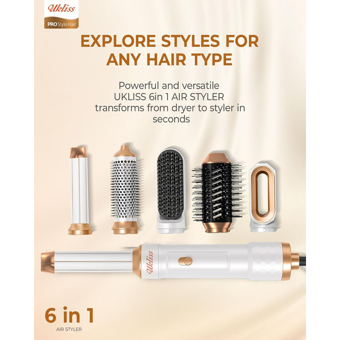 UKLISS Мультистайлер для волосся 6-в-1: фен, плойка, круглі щітки, термощітка. Білий Pro White