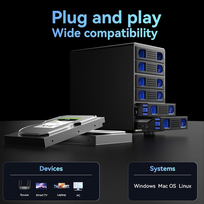 Зовнішній корпус для HDD/SSD CENMATE 806TC, 2 слоти 2.5/3.5 SATA, 10Gbps, алюміній, з охолодженням, USB 3.2 A/C, Hot Swap
