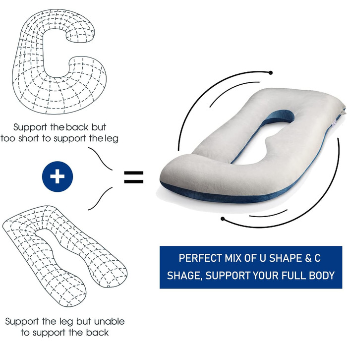 Подушка для вагітних Cauzyart 140 см U-подібної форми, повного тіла, для спини, стегон, ніг, живота. Знімний, пральний велюровий чохол.