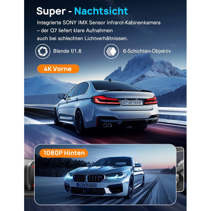 Автомобільний відеореєстратор Navycrest 4K + 1080P (передній та задній), 5GHz WiFi, 64GB SD карта, нічна зйомка, WDR, G-сенсор, паркування 24/7, циклічний запис, керування через додаток