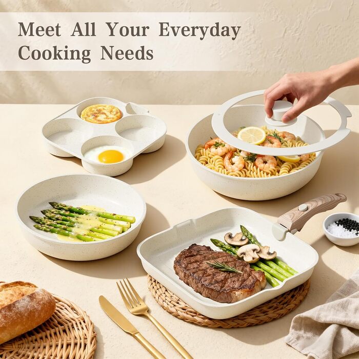 Набір каструль та сковорідок RIOVARM з знімними ручками: антипригарне покриття, кришки, сковорода для омлетів, гриль-сковорода, для всіх плит, стакельні каструлі