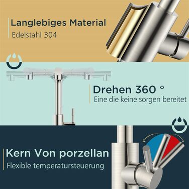 Змішувач кухонний FORIOUS з висувною лійкою та душем, 360° обертання, 2 режими, нержавіюча сталь