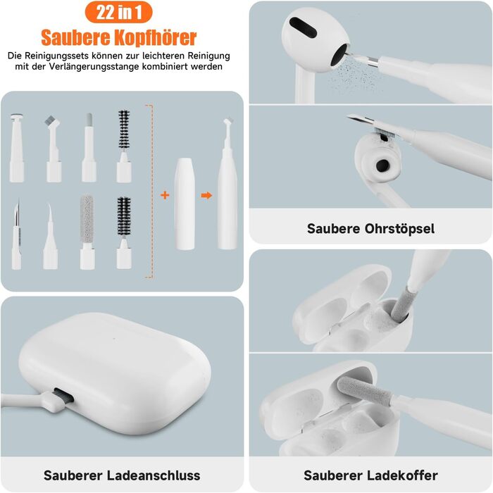 Набір для чищення гаджетів 22-в-1: навушники, телефони, клавіатури, камери, монітори, планшети, автоекрани. З щіткою та спреєм