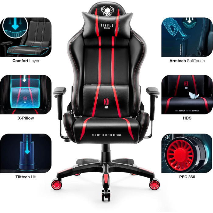 Ігрове крісло Diablo X-One 2.0, ергономічне, з регульованими підлокітниками, подушками для шиї та попереку, функцією гойдання, для геймерів і офісу, червоне, розмір L