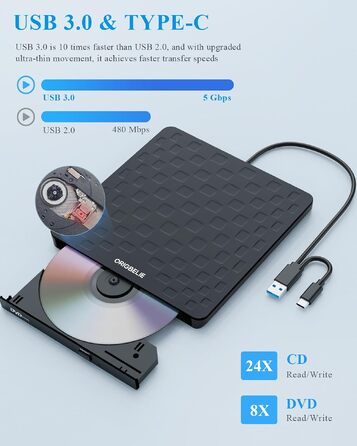 Зовнішній DVD-привід ORIGBELIE, CD-брунер з 4 USB та 2 TF/SD слотами, ультратонкий оптичний накопичувач для ноутбука, ПК, Mac OS, Windows, Linux