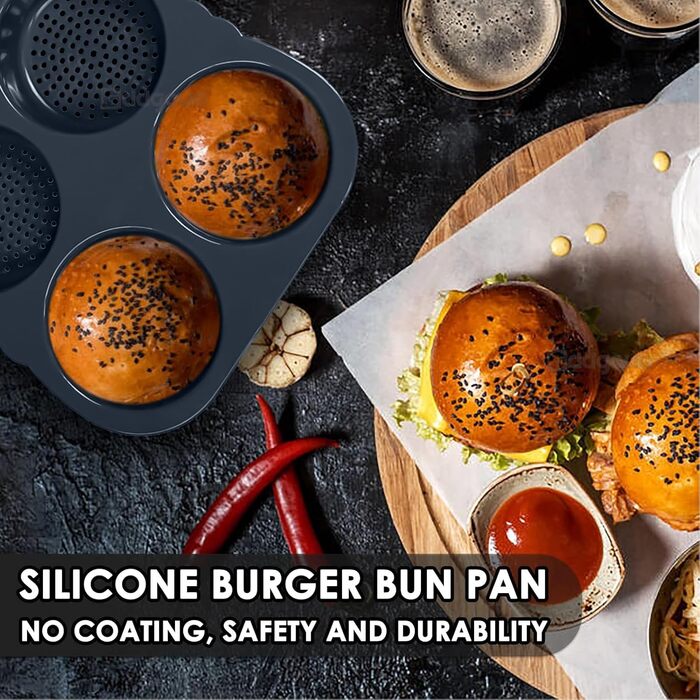 Dpofirs Loaf Pan with Four Cups, Mini Burger Buns Made of Food-Grade Silicone Material, Burger Buns Baking Mold with Non-Stick Coating, High Heat Resistance for Bread and Buns