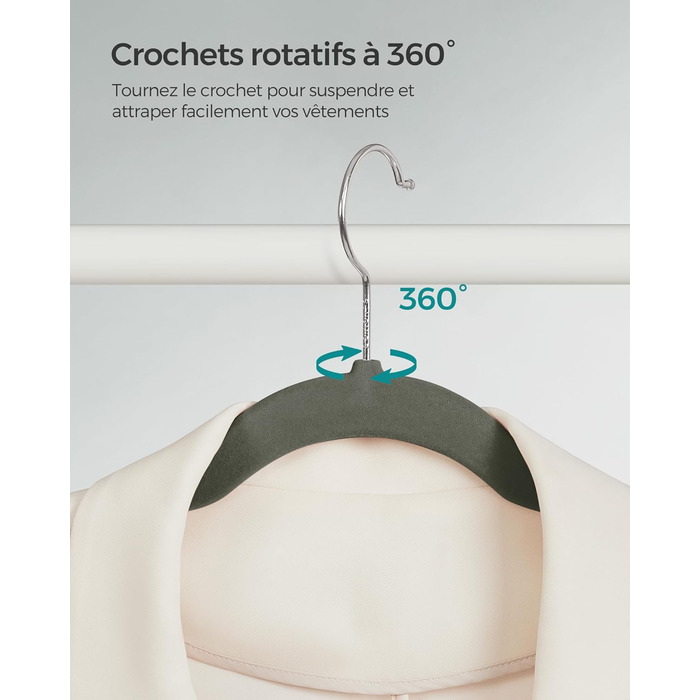 Плечики SONGMICS для одягу, 20 шт., велюрові, для сорочок, жакетів, костюмів, 41.5 см, обертовий гачок, сірий