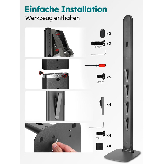 Стійка для пилососів Dyson G5, V15, V12, V11, V10, V8, V7, V6, металева, з 4 гачками та 4 полицями, без свердління, стабільна, підлогова, приховане кріплення кабелю (Темно-сірий)