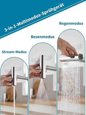 Кухонний змішувач Schwarz Waterfall з висувною лійкою та 3 режимами струменя, поворотний на 360°, з гальванічним покриттям сріблястого кольору