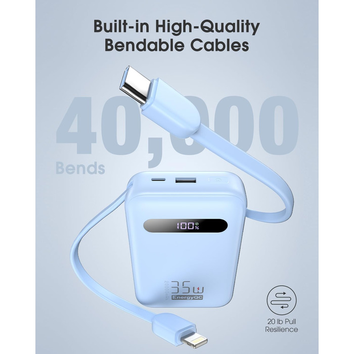 Powerbank 20000mAh з PD 35W, USB-C, LED дисплеєм та кабелями для iPhone, Samsung, Huawei