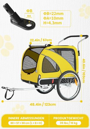 SEPNINE® Причіп для собак на велосипеді XL, 2-в-1: причіп та візок для бігу, з відбивачами та гальмом, матеріал 600D Oxford Canvas, максимальне навантаження 40 кг, помаранчевий (жовтогарячий)