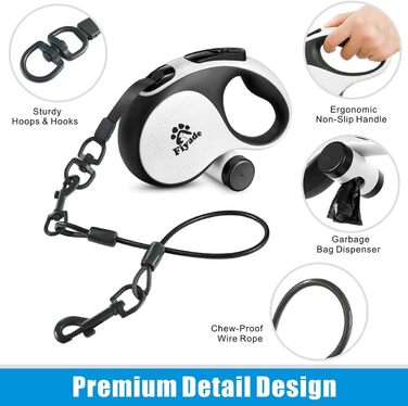 Висувна поводок для собак, 5 м, з ланцюгом, для 2 собак, витягуваний поводок для середніх та великих собак до 50 кг, білий та чорний