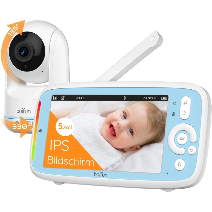 BOIFUN Дитячий відеоняня з камерою, 5' 720P IPS, без Wi-Fi, нічне бачення 360°, датчик шуму/температури, двосторонній зв'язок, радіус дії 300м, Plug & Play, акумулятор 3050mAh, колискові