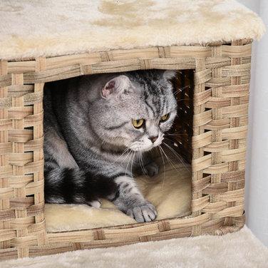PawHut Дряпка для котів з ротангу, H174 см, XXL котячий комплекс з котячим будиночком, платформами для сидіння, котячою печерею, сизаль, Бежевий+Коричневий | Aosom