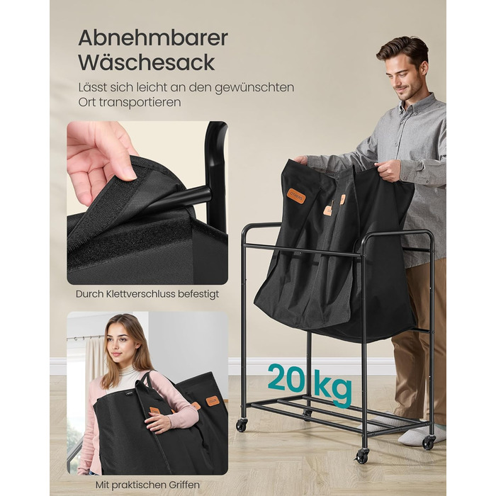 SONGMICS Laundry Basket with Wheels, Laundry Sorter with 4 Compartments, 200 L Laundry Sorter, Mobile Laundry Cart, 5 Labels, for Laundry Room, Bedroom, Bathroom, Ink Black RLS460B01