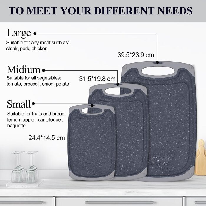 Набір обробних дощок KIMIUP з пластику, 3 шт. з неслизькими ручками, BPA-Free, для кухні, миючі в посудомийній машині