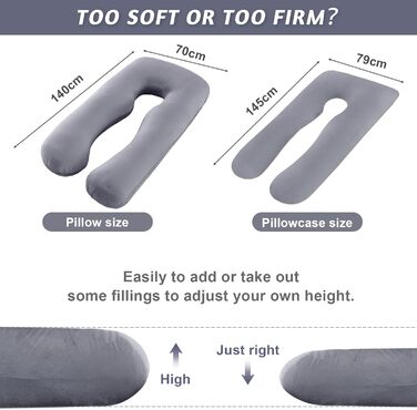 Подушка для вагітних U-подібної форми Vikcvcsc, подушка для всього тіла з чохлом, подушка для годування XXL, велика подушка для сну на боці для вагітних знімний та пральний чохол (Сірий, Велюр)