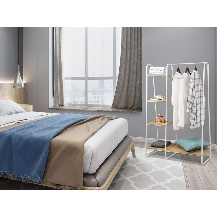 Coat rack, stable wardrobe, clothes rail with 5 shelves, 6 coat hooks, black metal coat rack, free-standing coat stand (white + oak, classic)