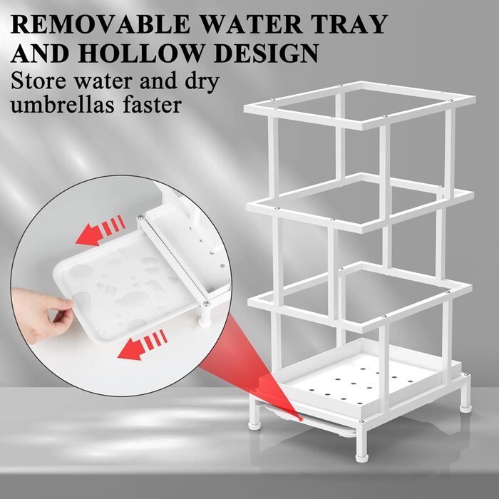 Металева підставка для парасольки Alyoen з водозбірником та регульованими ніжками, 26.5 x 21.5 x 47.5 см, для великих та маленьких парасольок, білий колір