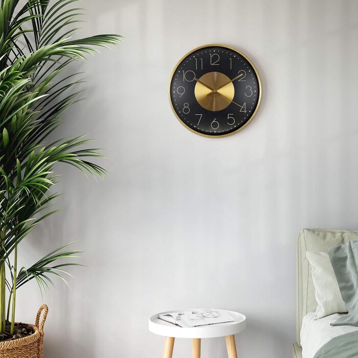 Modern Silent Aluminum Wall Clock 30 cm Diameter without Ticking Sounds for Living Room, Bedroom and Office (Gold Black)