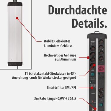 Бренненштуль Premium-Protect-Line Мережевий фільтр для геймерів з 11 розетками, USB 3.10A, захист від перенапруги, 3м кабель, Made in Germany (сріблястий/чорний)