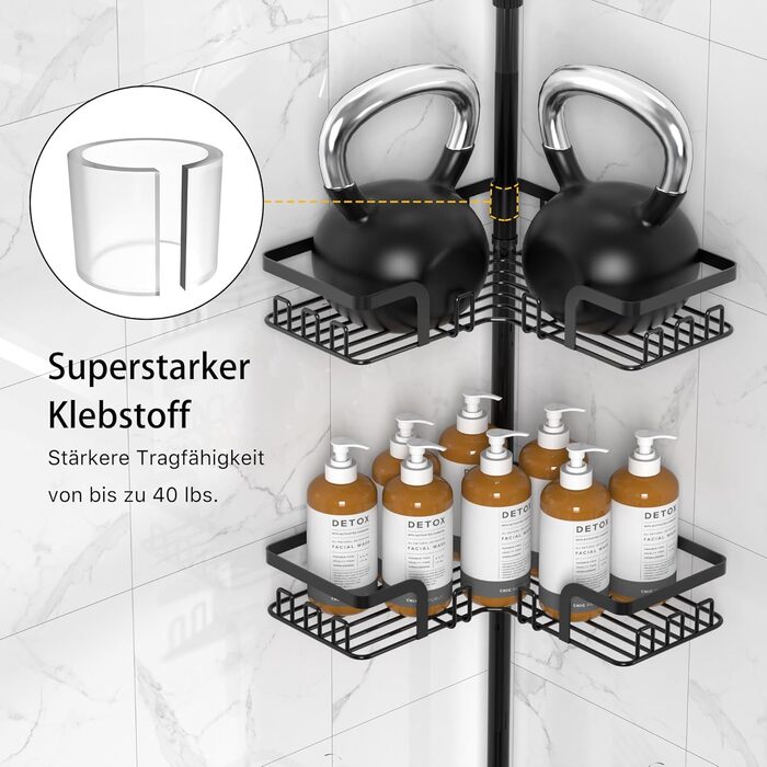 Поличка для душу Kegii без свердління, телескопічна поличка для кута, тримач для шампуню в душ, регульована висота, 4 шт., чорний