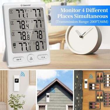 Geevon Indoor/Outdoor Thermometer with 3 Sensors, Thermometer Hygrometer Humidity Digital, Temperature and Humidity Meter with 60M/200FT Range