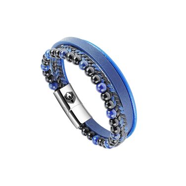 Браслет чоловічий шкіряний Lederarmband з магнітною застібкою з нержавіючої сталі, плетінка, синій (18.5 см) + Подарункова коробка