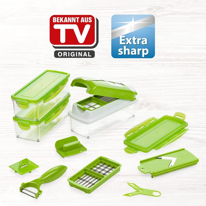 Набір для нарізки овочів Genius Nicer Dicer Smart (14 шт.) - набір для нарізки кубиками, соломкою, слайсами, смужками та чвертями, з рецептами. Включає салатослайсер, мандоліну та овочечистка.