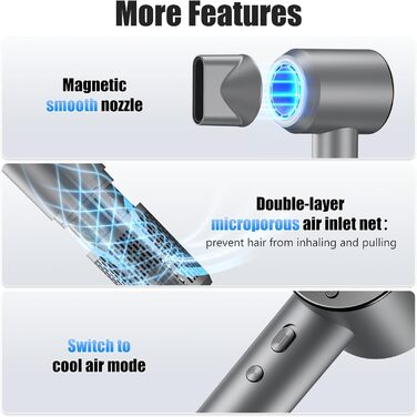 Фен Journeyside Ionen 1600W - Професійний, Швидке Сушіння, Регулювання Температури та Потужності, Anti-Frizz, для Дома та Подорожей (Сірий)
