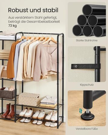 SONGMICS Clothes Rack, Open Closet, Clothes Rail, Coat Rack with Shelves, Metal Wardrobe, Freestanding, Matte Black LGR462B01