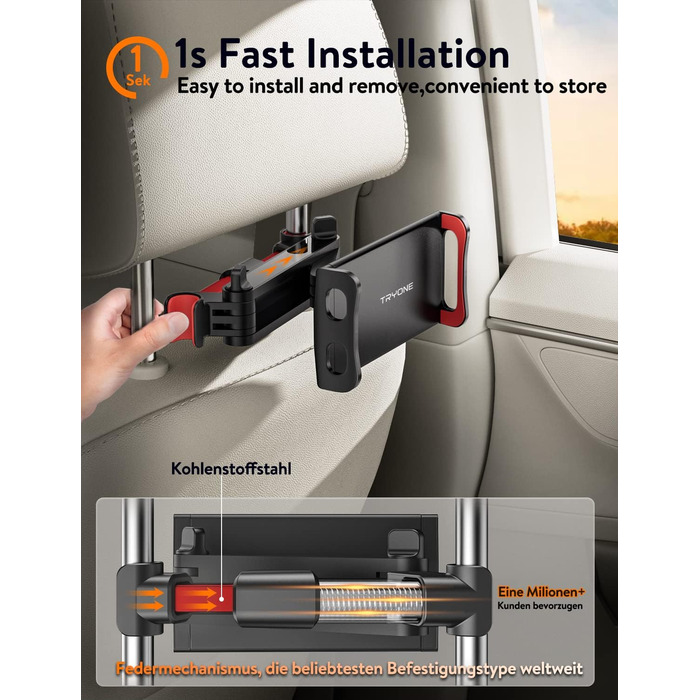 Тримач для планшету в авто TRYONE - кріплення на підголівник, висувний, сумісний з iPad, iPhone, Samsung Galaxy Tab, Kindle Fire HD, Switch (червоний)