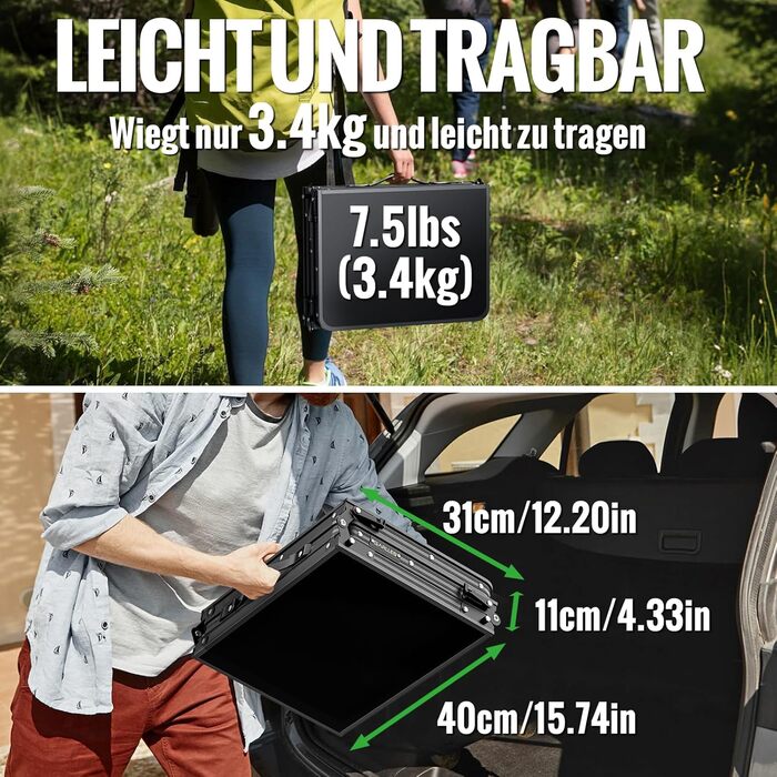 Складний кемпінговий стіл GARLLEN 60x40 см, регульована висота (27/51/75 см), чорний - для пікніка, саду, балкону, пляжу