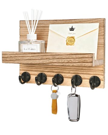 Дерев'яне ключниця з полицею на стіну, декоративне настінне кріплення для ключів, 5 гачків, для прихожої, спальні, вітальні (колір дерева)