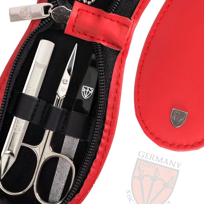Набір манікюру Drei Schwertter 'Olbia' 6 предметів - нігетюї з натуральної шкіри червоного кольору | Ніж для шкіри, ножиці для нігтів, пінцет скошений, двосторонній інструмент, кусачки для нігтів, напільник з сапфіру червоного кольору - ЕКОШКІРА