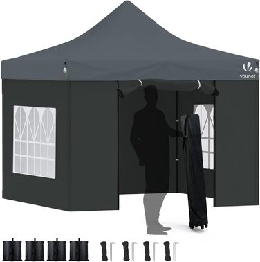 VOUNOT Gazebo 3x3m Waterproof, Stable, Winter-Proof, Pop-Up Folding Gazebo with 4 Side Walls and 4 Sandbags, Party Gazebo, Folding Garden Tent, Party Tent, (Grey)
