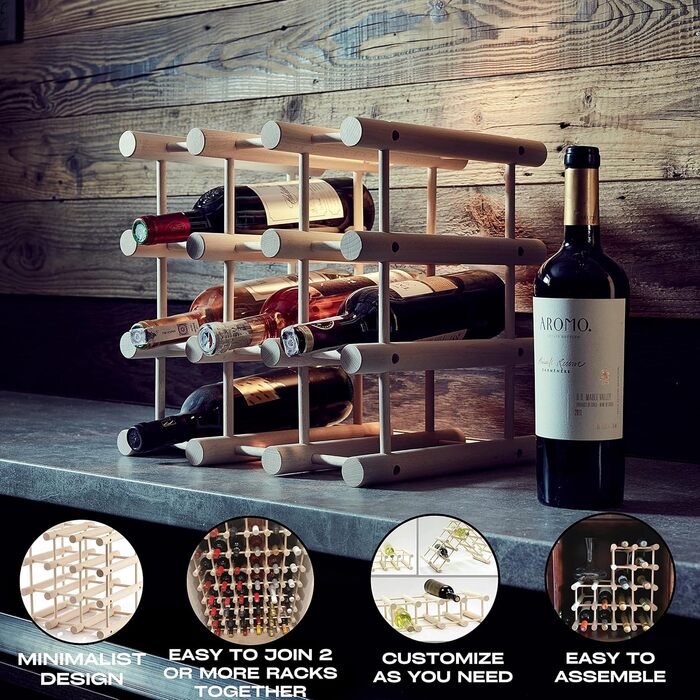 Wooden wine rack for 12 bottles, practical for kitchen or home bar. Modular wine bottle rack, natural beechwood.