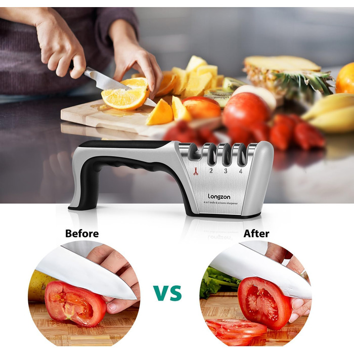 Точилка для ножів Longzon з 4 ступенями, ручна, з антипорізковими рукавичками. Для грубого та тонкого заточування ножів та ножиць. Діамантове та керамічне лезо.