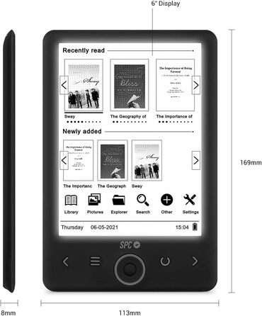 SPC Dickens Light 2 – Електронна книга з підсвічуванням дисплея та 6 рівнями інтенсивності світла, кнопками на передній панелі, місяцем автономної роботи, чорного кольору, 6 дюймів без обкладинки