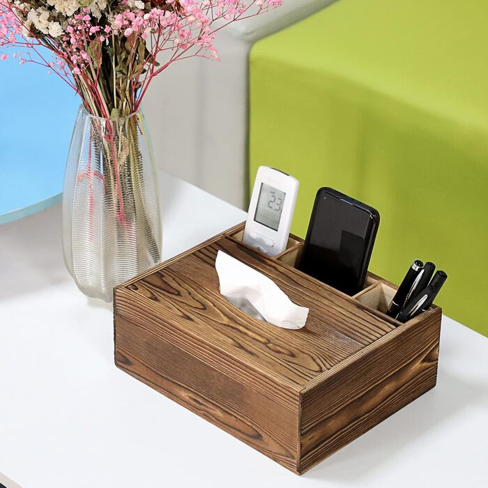 SUMTREE Vintage Rectangular Tissue Box Holder made of Wood with 3 Compartments for Stationery, Remote Controls, Tissue Dispenser Storage Box, Tissue Organizer, Decor (Brown, Large)