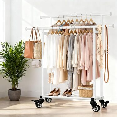 Підвісна шафа-органайзер Treeboy на колесах, мобільний вішак для одягу з 2 перекладинами та полицею, вантажопідйомність до 95 кг, легко ковзаючі колеса, швидкий монтаж для спальні, вітальні, пральні, гардеробної (Білий, 41x113x162 см)