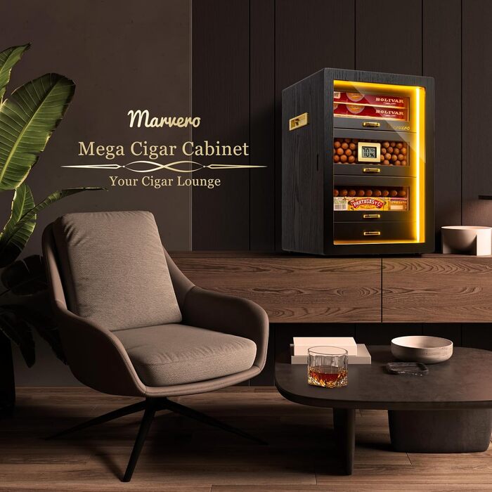 Гумодор для сигар, настільний з цифровим гігрометром, зволожувачем та пакетами для вологи. 4 висувні ящики з кедрової деревини, вміщує до 200 сигар (чорний)