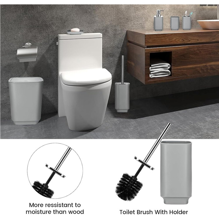 Сучасний набір для ванної кімнати на 6 предметів: мильниця, тримач для зубних щіток, дозатор мила, сміттєвий бак, стаканчик та WC-щітка з пластику та металу (сірий)